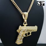 Iced Out Gold Plated G UNIT GUN Pendant & 6mm 30" Cuban Chain Hip Hop Necklace
