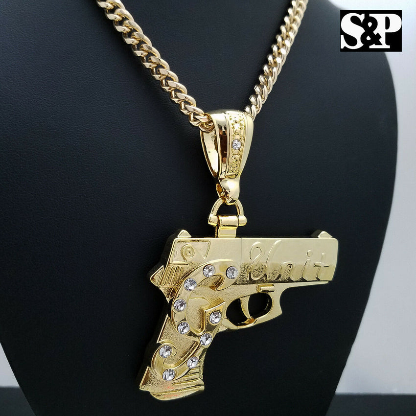 Iced Out Gold Plated G UNIT GUN Pendant & 6mm 30" Cuban Chain Hip Hop Necklace