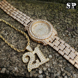 Men's Hip Hop Iced Out Bling Lab Diamond Watch & Savage 21 Necklace combo Set