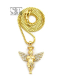 HIP HOP ICED CZ GOLD PLATED FLYING ANGEL PENDANT & 24" BOX CHAIN NECKLACE