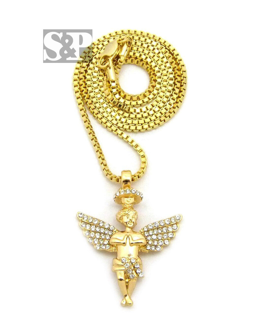 HIP HOP ICED CZ GOLD PLATED FLYING ANGEL PENDANT & 24" BOX CHAIN NECKLACE