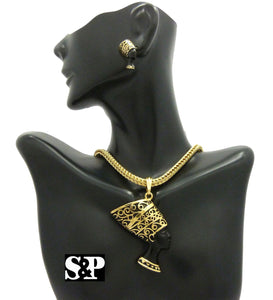 WOMEN'S NEFERTITI PENDANT & FRANCO CHAIN FASHION NECKLACE & EARRING COMBO SET