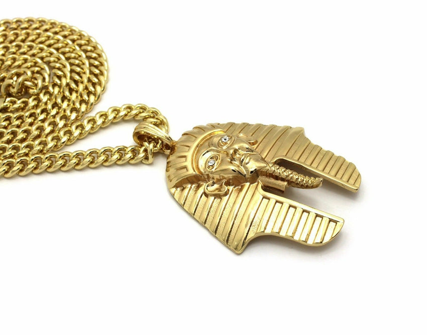 14K Gold PT Egyptian Pharaoh King Tut Pendant W/ 6mm 30" Cuban Chain Necklace