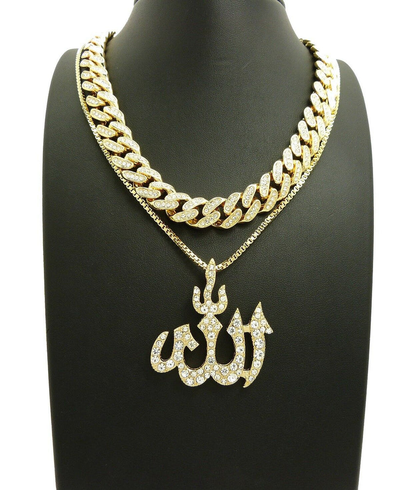 Hip Hop Iced Out Cuban Choker Chain & Muslim Allah Pendant w/ box chain necklace set
