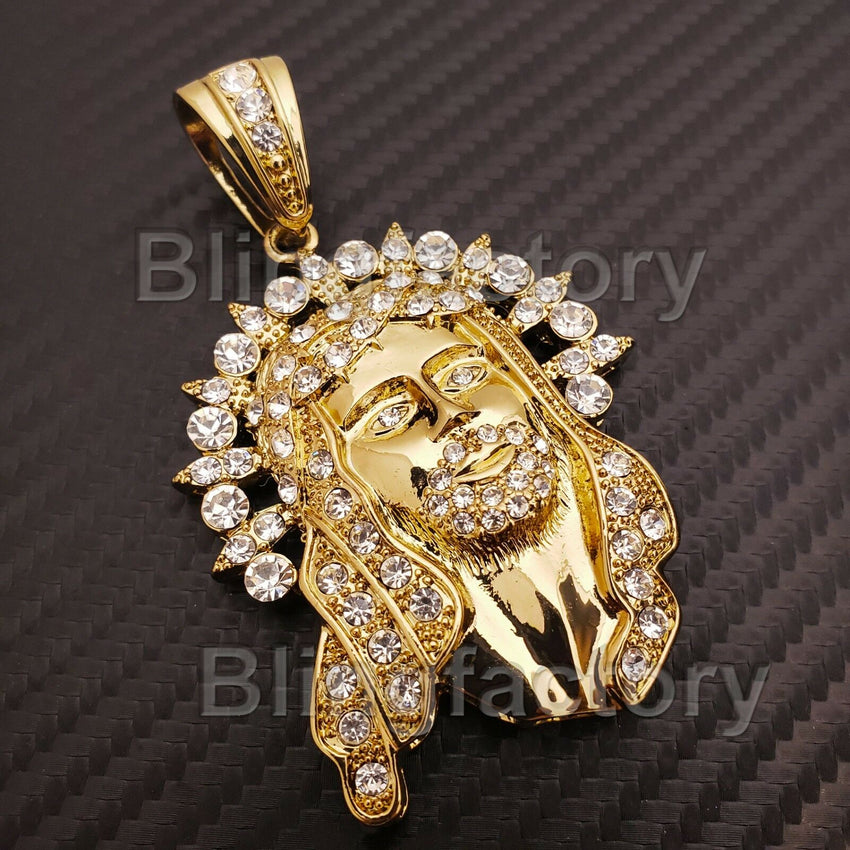 HIP HOP ICED OUT 14K GOLD PLATED BLING LAB DIAMOND JESUS HEAD PENDANT