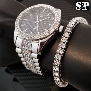 MEN'S HIP HOP WHITE GOLD PT LUXURY WATCH & 1ROW TENNIS BRACELET COMBO GIFT SET