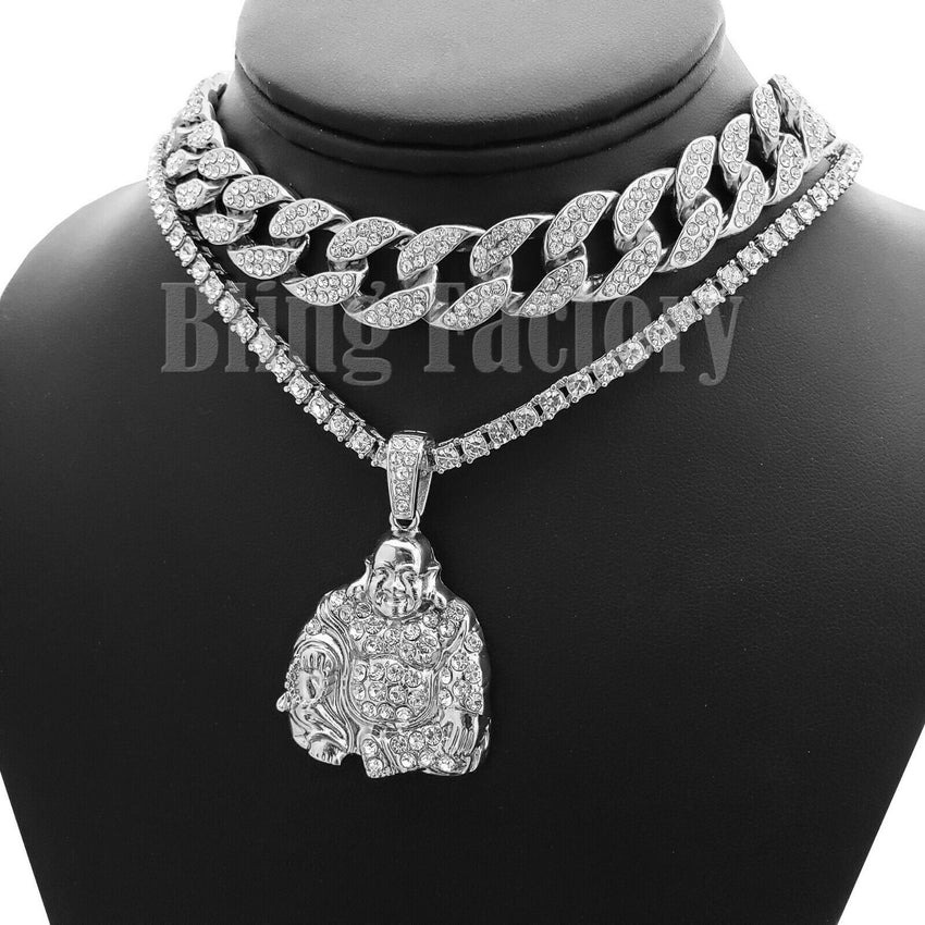 Hip Hop Happy Buddha Pendant & 18" Full Iced Cuban & 1 ROW Tennis Choker Chain Necklace Set