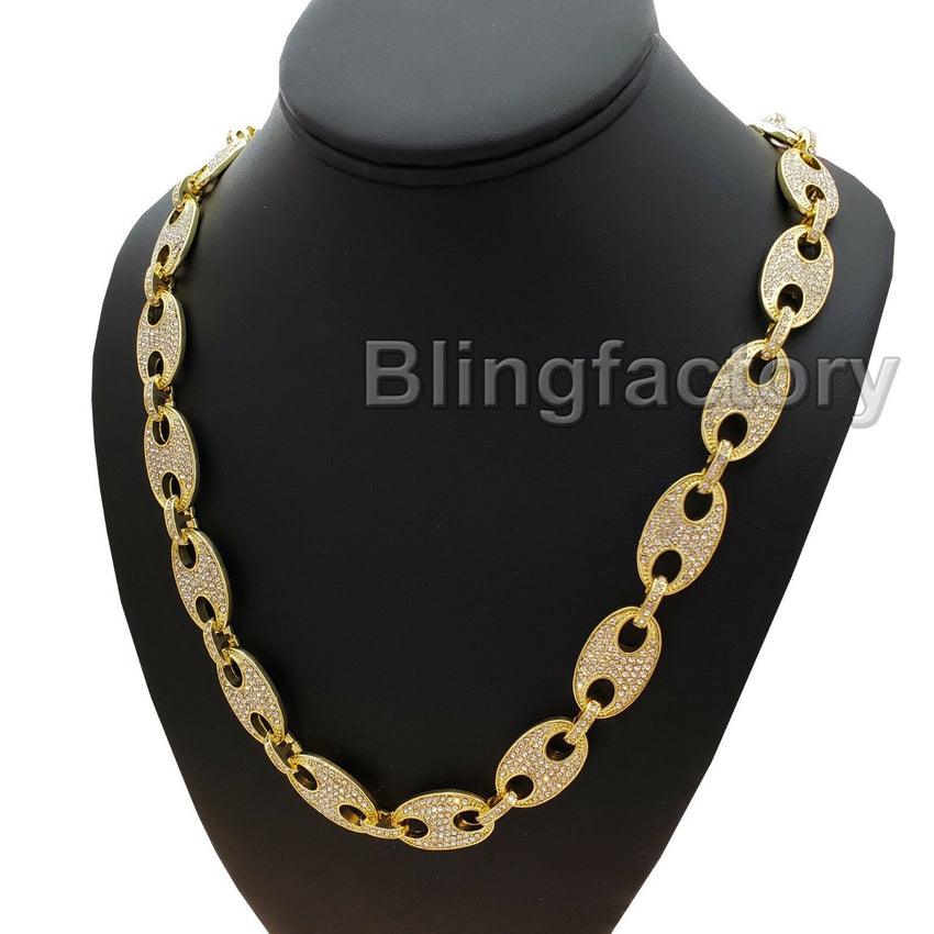 Hip Hop Bling Gold & Silver PT Full Iced out 14mm 30" Gucci Link Chain Necklace