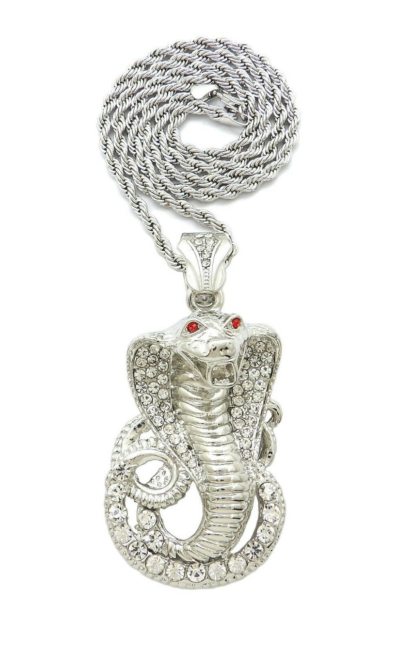 HIP HOP ICED OUT SILVER PLATED COBRA SNAKE PENDANT & 4mm24" ROPE CHAIN NECKLACE