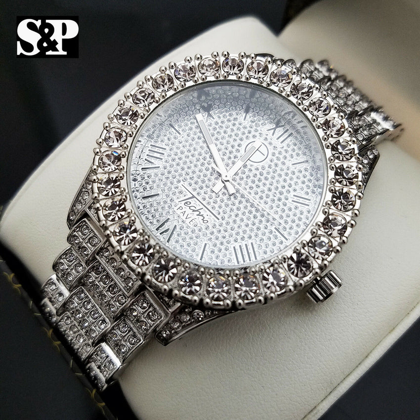Men Hip Hop Iced Bling White Gold PT Rapper's Bling Simulated Diamond Watch