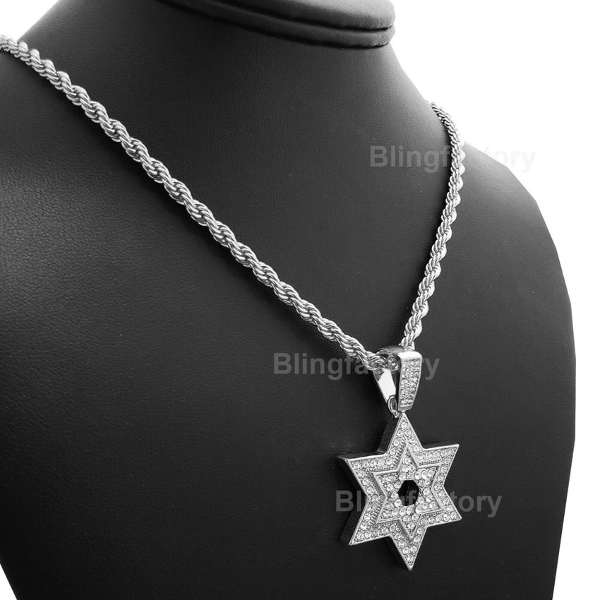 Hip Hop Iced out Lab Diamond Star of David Pendant & 4mm 24" Rope Chain Necklace