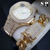 MENS HIP HOP QUAVO GOLD PT LUXURY WATCH & FULL ICED CUBAN BRACELET COMBO SET