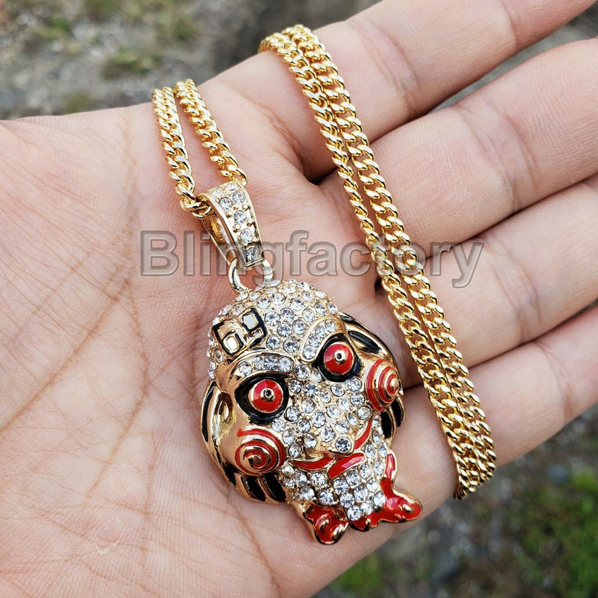 Iced Out 6ix9ine Saw Inspired Necklace & Hip Hop Gold plated Metal Watch Set