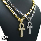 Hip Hop Iced out Lab Diamond Ankh Cross Pendant & 8mm 24" Gucci Chain Necklace