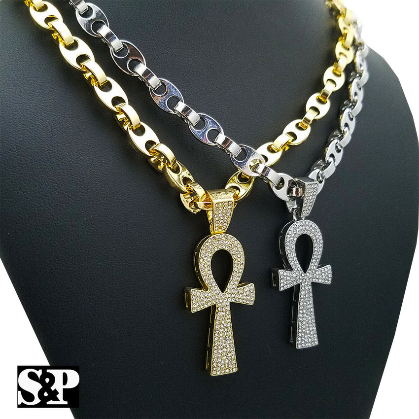 Hip Hop Iced out Lab Diamond Ankh Cross Pendant & 8mm 24" Gucci Chain Necklace