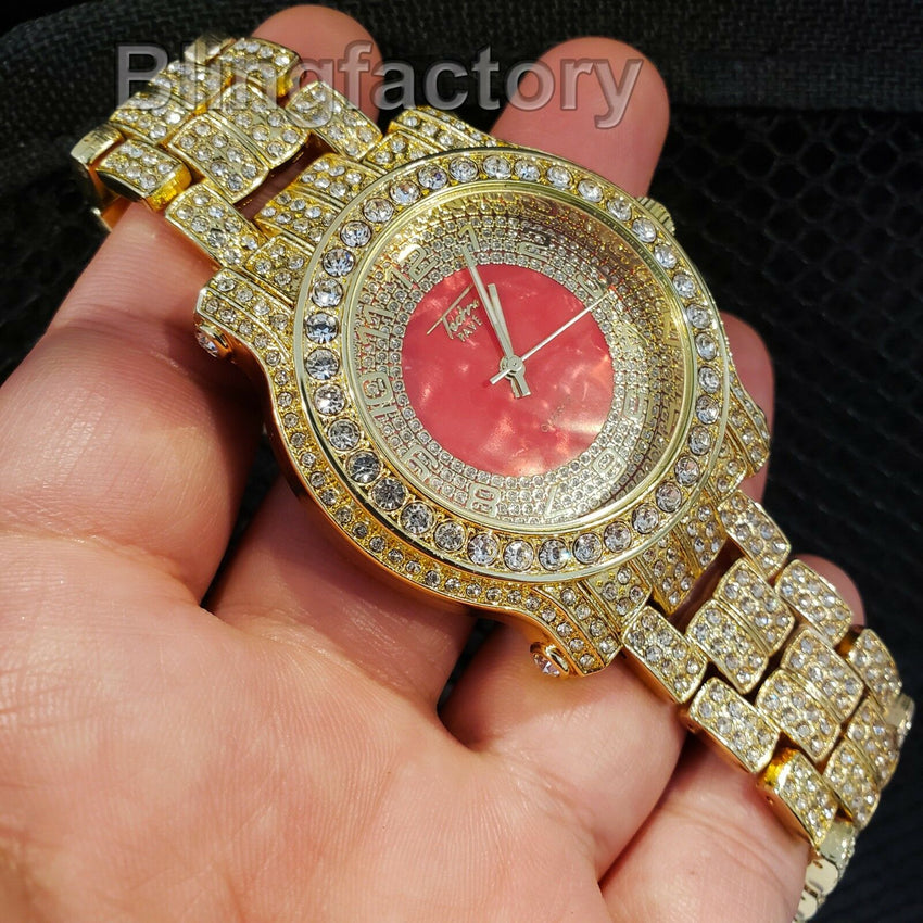 Men's Hip Hop Iced out Gold Plated Bling Red Dial Lab Diamond Rapper Metal Watch