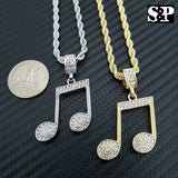 Unisex Iced out Fashion Music Note Pendant & 24" Rope Chain Necklace