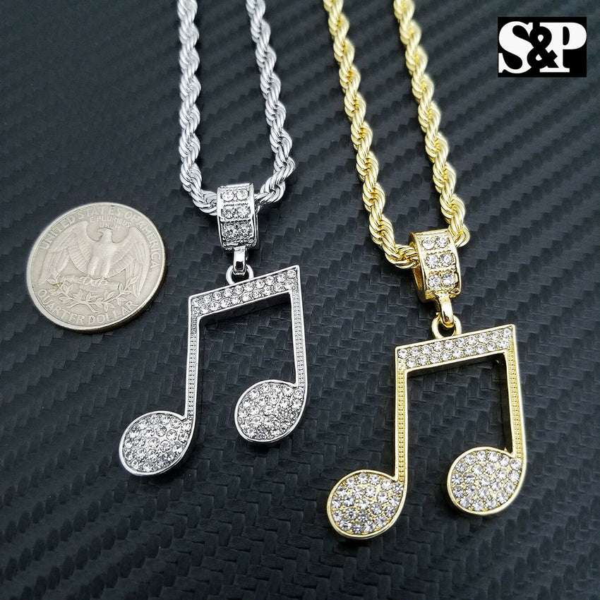 Unisex Iced out Fashion Music Note Pendant & 24" Rope Chain Necklace
