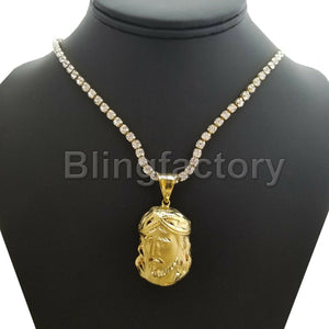 Hip Hop Brass Jesus Head Pendant & 1 Row Diamond Tennis Choker Chain Necklace