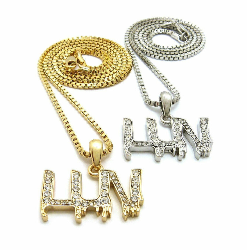 ICED OUT RAPPER'S MINI LUV PENDANT & 20", 24" BOX CHAIN HIP HOP NECKLACE SET
