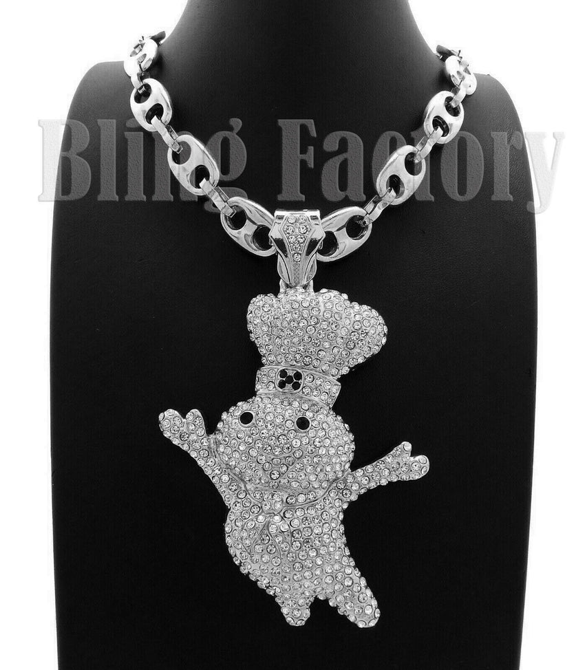 Iced out Hip Hop Large Doughboy Pendant & 12mm 20" 24" 30" Marina Chain Necklace