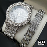 MEN'S ICED OUT HIP HOP WHITE GOLD PT LAB DIAMOND WATCH & BRACELET COMBO SET