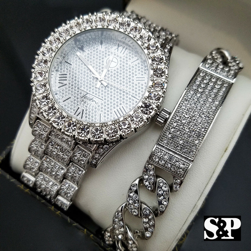 MEN'S ICED OUT HIP HOP WHITE GOLD PT LAB DIAMOND WATCH & BRACELET COMBO SET