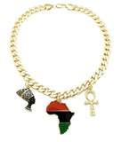 NEFERTITI, ANKH, AFRICA, GYE NYAME & 11mm 18" Cuban Link Choker Chain Necklace