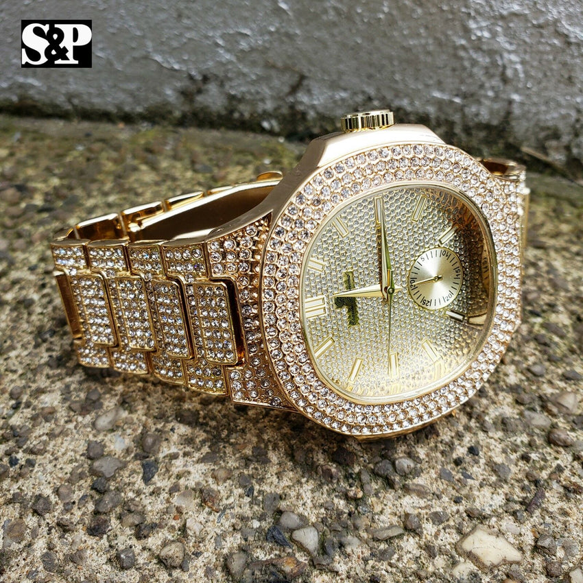 MEN'S HIP HOP GOLD PT BLING LAB DIAMOND WATCH & FULL ICED BRACELET COMBO SET