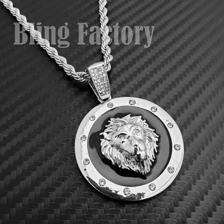 Hip Hop Iced out Lion Head Medallion Charm Pendant & 4mm 24" Rope Chain Necklace