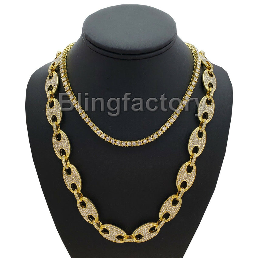 Hip Hop Iced out 30" Gucci Link Chain & 18" 1 Row Tennis Choker Chain Necklace Set