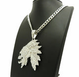 Iced Out Side Skull Cheif Face Pendant & 7mm 30" Cuban Chain Hip Hop Necklace