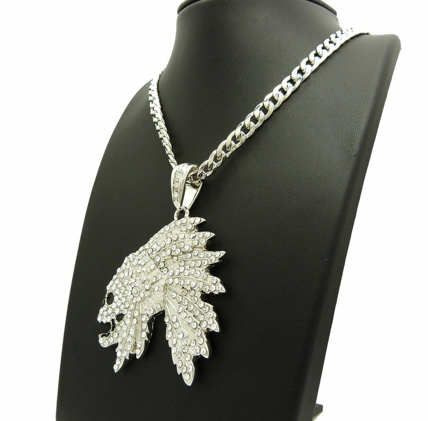 Iced Out Side Skull Cheif Face Pendant & 7mm 30" Cuban Chain Hip Hop Necklace