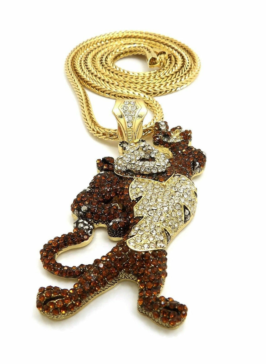 Hip Hop Iced Out Tony Tiger Large Pendant & 4mm 36" Franco Chain Necklace