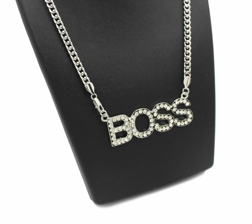 Women's Fashion White Gold Plated CZ BOSS Pendant & 5mm 24" Link Chain Necklace