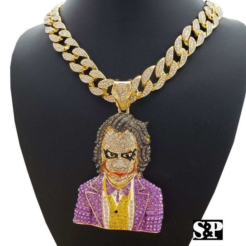 Hip Hop Large JOKER Pendant & 18" Full Iced Miami Cuban Choker Chain Necklace