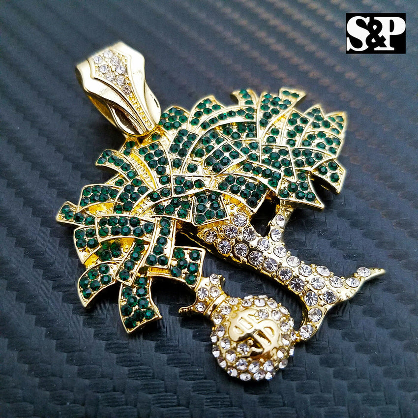 ICED OUT 14K GOLD PT LAB DIAMONDS DOLLAR MONEY BAG TREE PENDANT CHARM