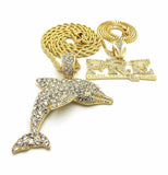 Hip Hop Iced Out Dolphin, PRE Pendant & 24" Box, 4mm 30" Rope Chain Necklace Set