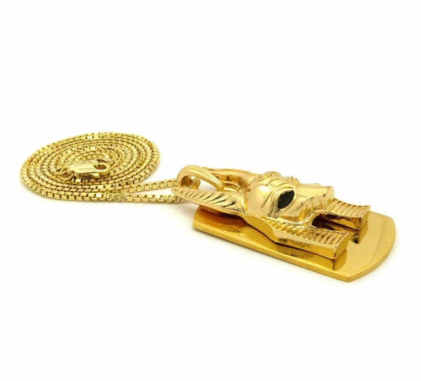NEW GOLD PT ANUBIS HEAD DOG TAG PENDANT & 2mm 24" BOX CHAIN HIP HOP NECKLACE