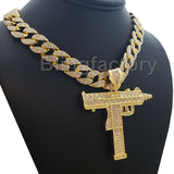 Hip Hop Uzi Machine Gun w/ 18" Full Iced Cuban & 1 Row Tennis Choker Chain Necklace Set