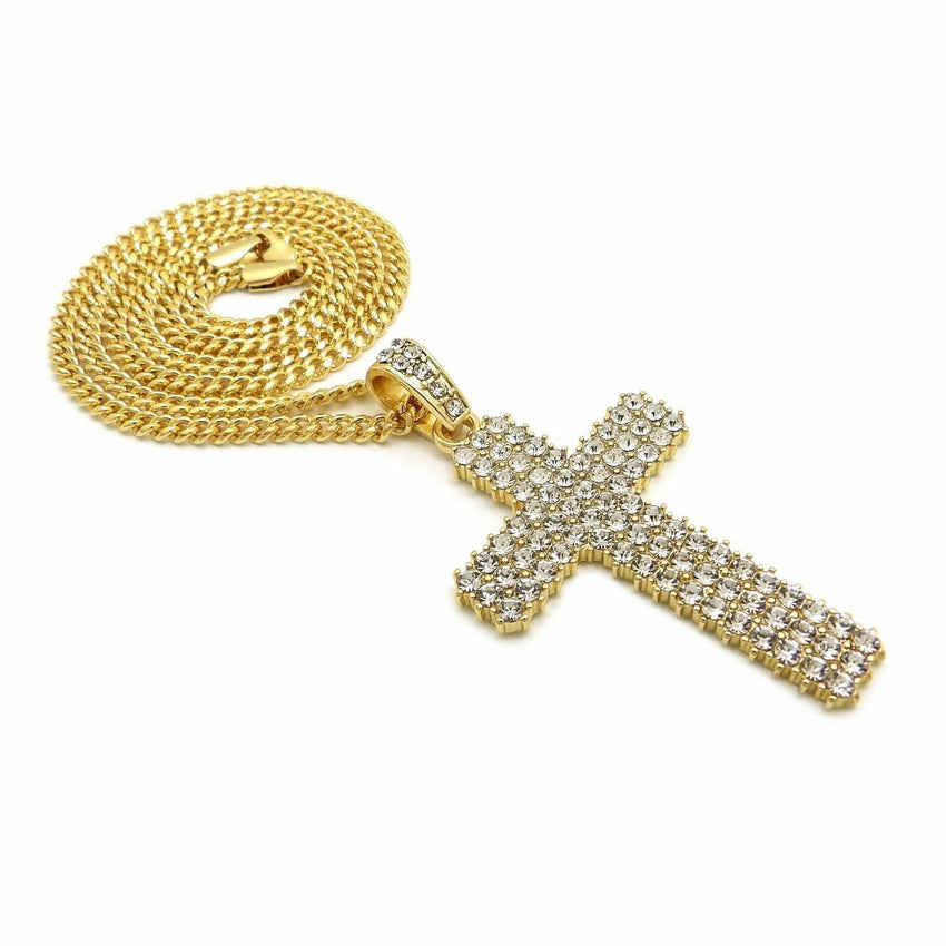 Hip Hop Full Iced Shiny Cross Pendant & 24" Box, Cuban, Rope Chain Necklace