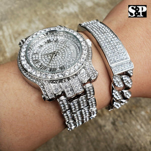 MEN'S HIP HOP WHITE GOLD PT LAB DIAMOND WATCH & FULL ICED BRACELET COMBO SET