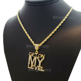 Hip Hop Iced out "GET ON MY LEVEL" Pendant & 4mm 24" Rope Chain Necklace