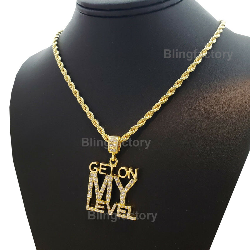 Hip Hop Iced out "GET ON MY LEVEL" Pendant & 4mm 24" Rope Chain Necklace
