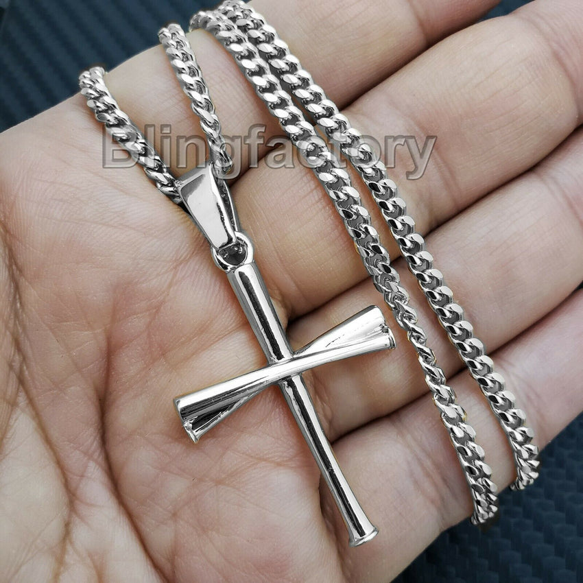 Unisex Fashion Baseball Team Triple Bat Cross Pendant & 24" Cuban Chain Necklace