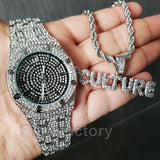 MIGOS ICED OUT WHITE GOLD PLATED LAB DIAMOND WATCH & CULTURE NECKLACE SET