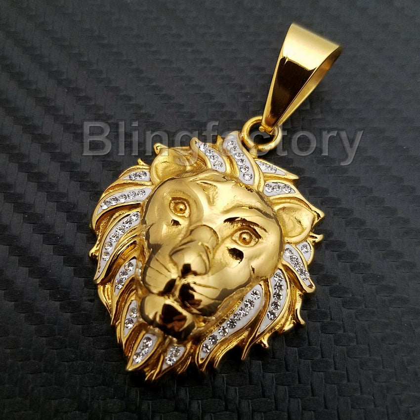 HIP HOP ICED OUT STAINLESS STEEL LAB DIAMOND GOLD PLATED LION HEAD PENDANT
