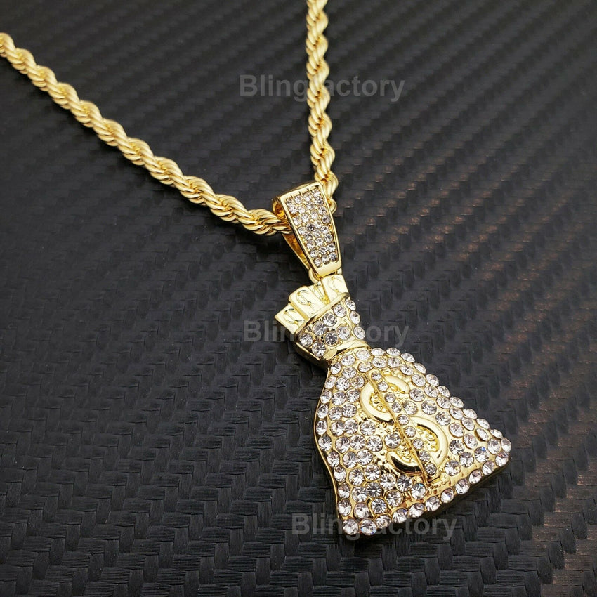 Hip Hop Iced out Rapper's Money Bag Pendant & 4mm 24" Rope Chain Necklace