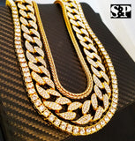 Hip Hop Quavo Choker 18" Franco & 16" Full Iced Cuban & 1 ROW DIAMOND CHAIN SET