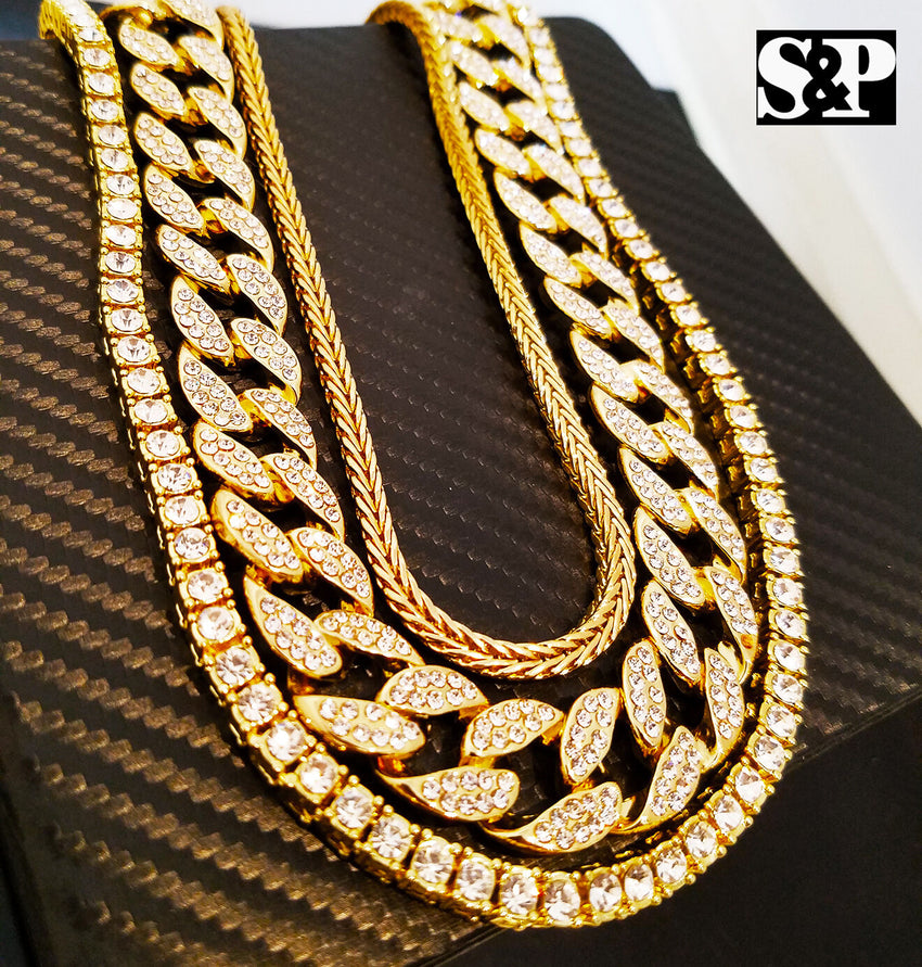 Hip Hop Quavo Choker 18" Franco & 16" Full Iced Cuban & 1 ROW DIAMOND CHAIN SET
